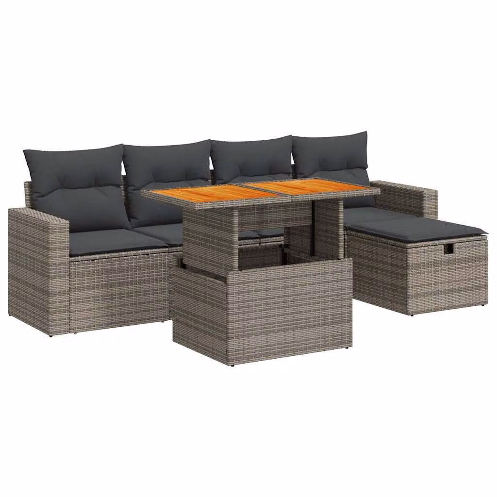 Set Divano da Giardino 6pz con Cuscini Grigio Polyrattan Acacia