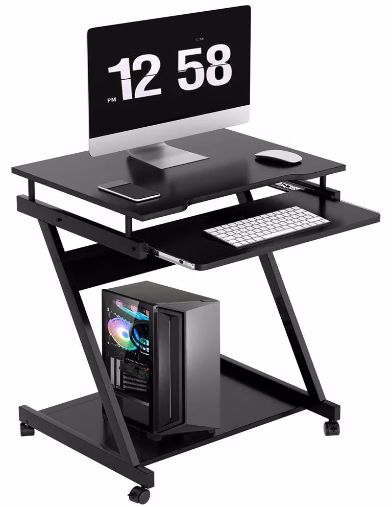 Tavolo da computer a forma di Z - 60 x 48 x 73 cm - Legno verniciato nero - Con ruote e freno