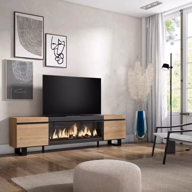 Mobile TV Soggiorno, 208x35x57cm, Per TV fino a 80", Camino elettrico XXL, Design industriale, colore Rovere e nero RF3268