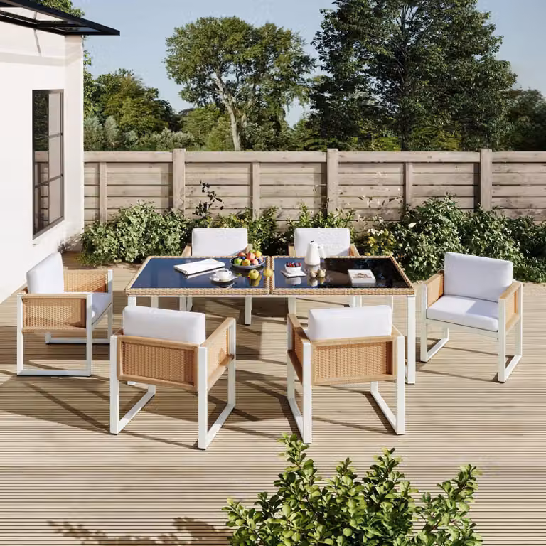 Set da pranzo in polyrattan Merax per 6 persone, mobili da giardino resistenti alle intemperie con sedie, set da pranzo da giardino con rivestimenti in tessuto sfoderabili e lavabili, bianco