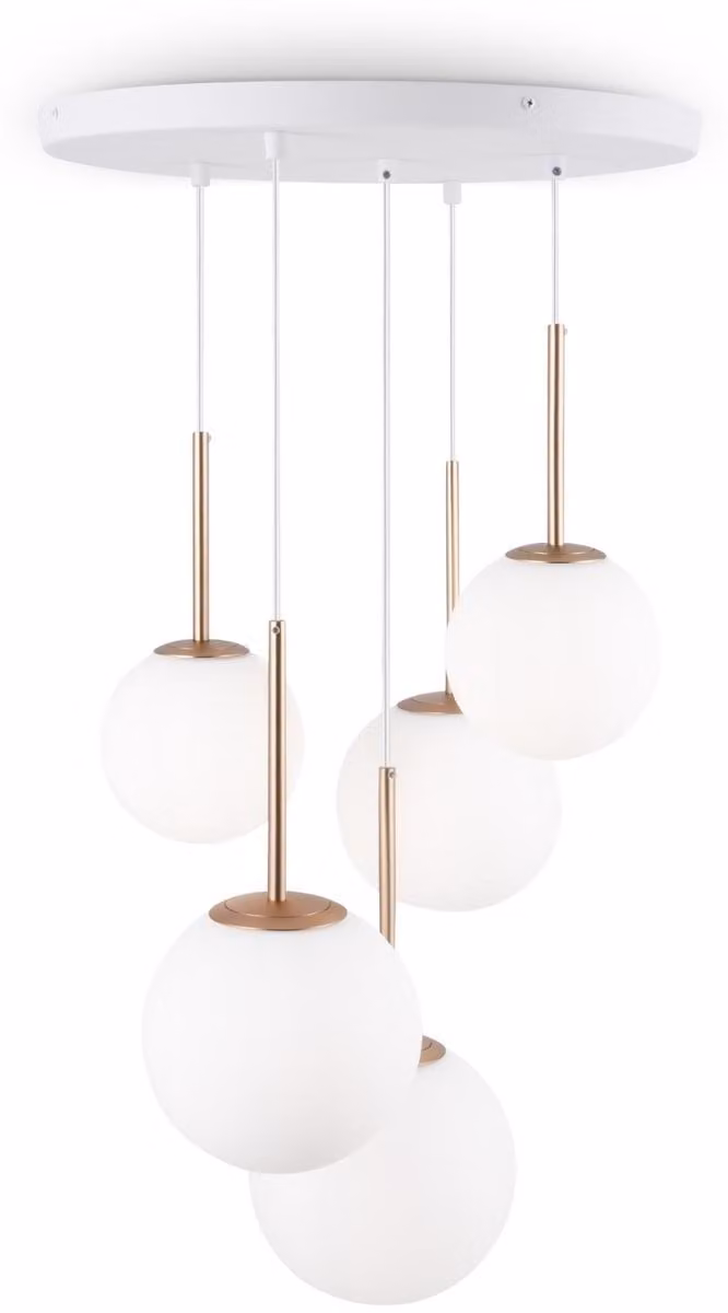 Lampadario Minimal Basic Form In Metallo Bianco E Oro 5 Luci E Diffusori Vetro