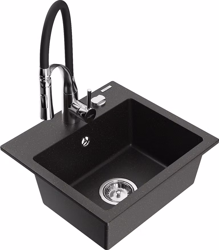 Mexen Milo lavello da cucina in granito a 1 vasca con rubinetto Aster, nero/oro metallizzato - 6505-75-73450-07