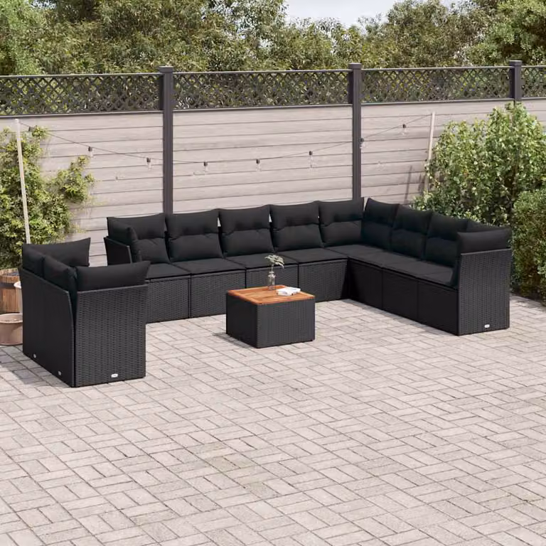 vidaXL Set Divani da Giardino 11 pz in Polyrattan Nero con Cuscini e Tavolino da Esterno