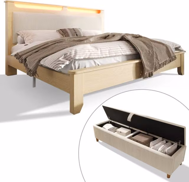 Letto matrimoniale 140x200 cm con LED e panca contenitore; MDF e truciolare; rovere e beige
