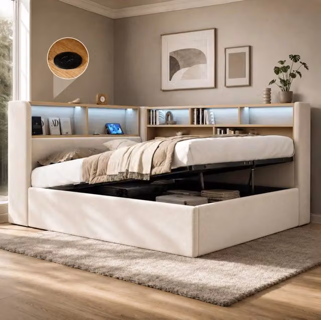 Letto da giorno 140x190 cm con contenitore idraulico, LED, USB-C e rivestimento in velluto beige