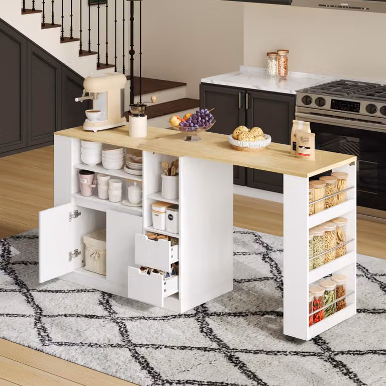 MODFU cucina armadio isola di stoccaggio con tre lati scaffali e due cassetti, tavolo da pranzo allungabile con piano di lavoro estensibile, in legno, bianco + natura