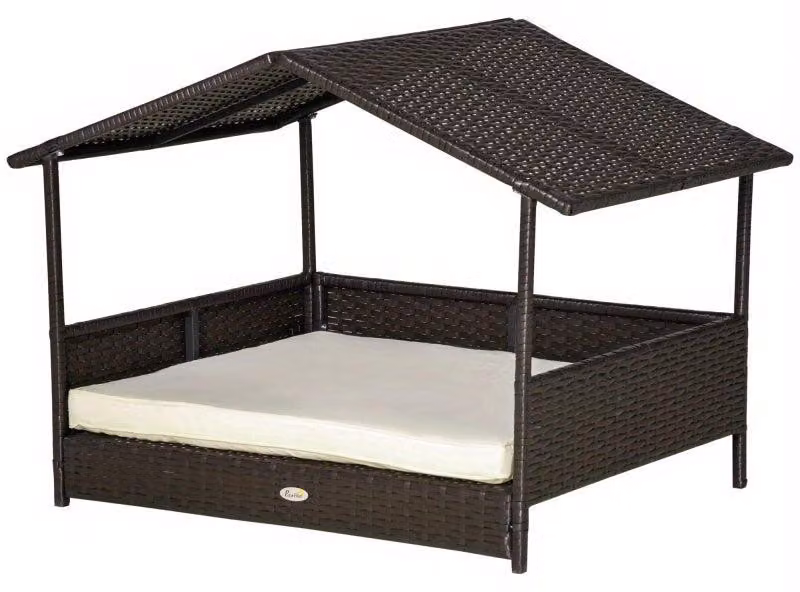 Cuccia per cani resistente alle intemperie, color marrone caffè, realizzata in rattan con una struttura robusta e dimensioni di 98x69x73 cm