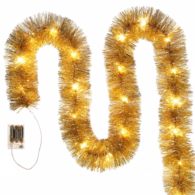 Catena luminosa natalizia a LED dorata, alimentata a batteria, lunghezza 6 metri