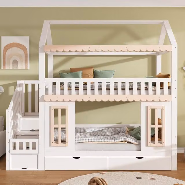 Letto a castello 90x200 cm, letto per bambini, spazio contenitivo, 2 cassetti, in MDF, bianco