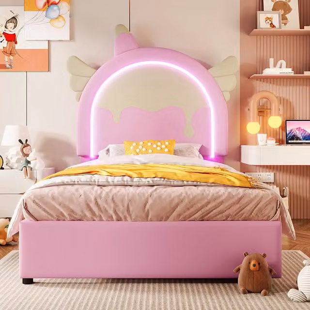 Letto bambino-Xylo-90x200 cm-2 cassetti, LED, forma unicorno, PU rosa