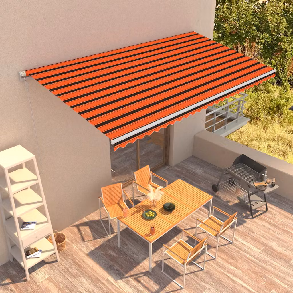 vidaXL Tenda da Sole Retrattile con Bracci Pieghevoli in Alluminio e Poliestere, Arancione, Marrone e Bianco, L: 600 cm, P: 300 cm