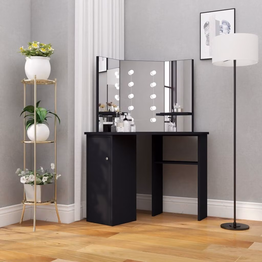 The Living Store Comodino ad angolo con LED nero 111x54x141,5 cm