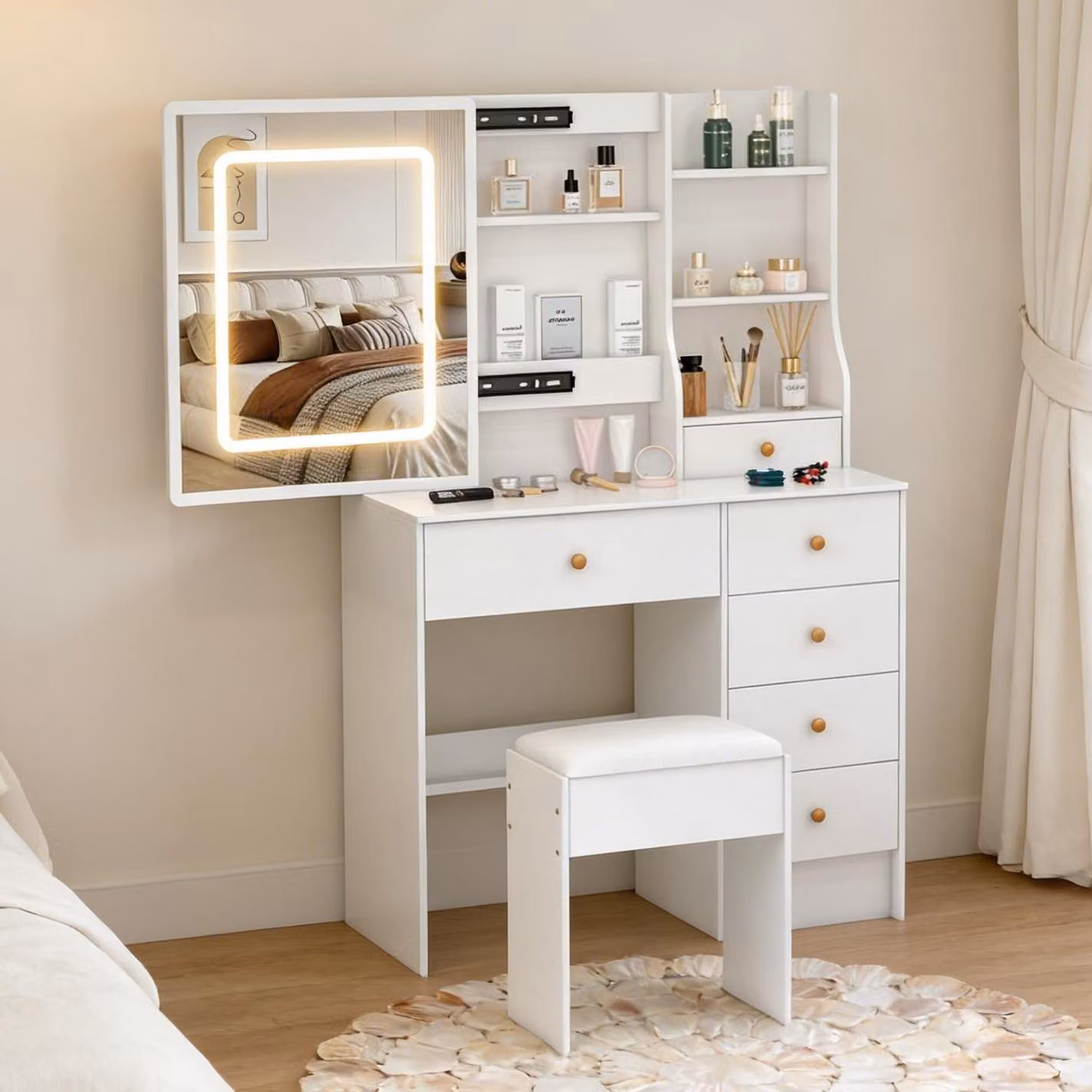 Set da toeletta bianco - Tavolino da trucco moderno - 6 cassetti - MDF - Con sgabello
