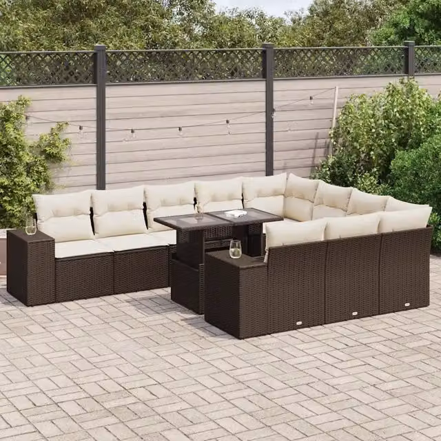 Set di Divani da Giardino vidaXL 11 Pezzi con Cuscini e Tavolino, Polyrattan Marrone e Bianco con Struttura in Acciaio Verniciato a Polvere