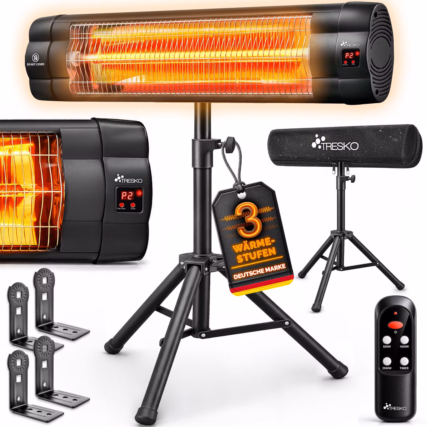 TRESKO riscaldatore radiante a infrarossi 2500W nero con telecomando e copertura | riscaldatore radiante elettrico con 3 livelli di riscaldamento | riscaldatore da patio per interni ed esterni | riscaldatore a infrarossi regolabile in altezza