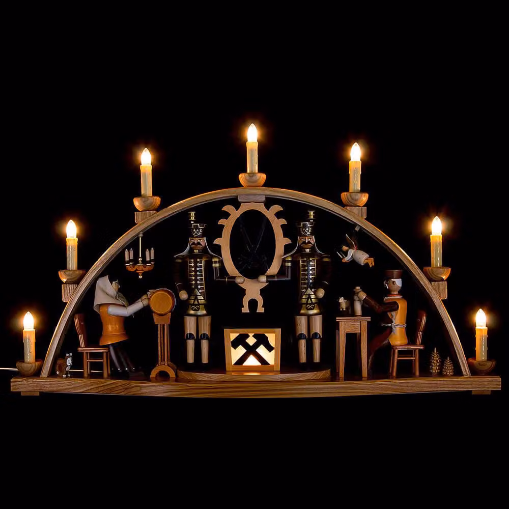 Decorazione per finestra arco per candele Erzgebirge motivo illuminazione elettrica naturale lunghezza 66 cm NUOVO