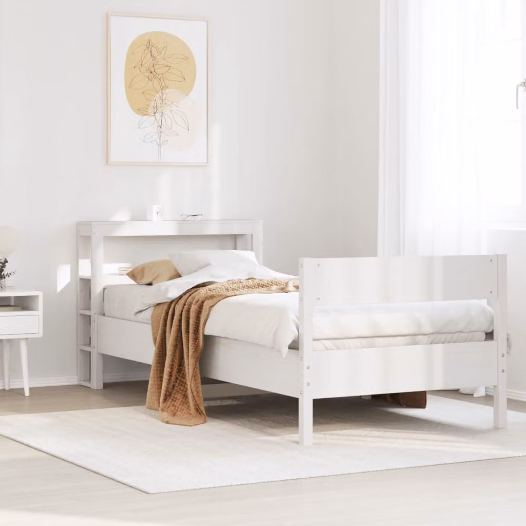 vidaXL Letto in Legno Massello di Pino Bianco con Doghe Fisse e Ripiani Laterali L: 75 cm, P: 190 cm, H: 82 cm