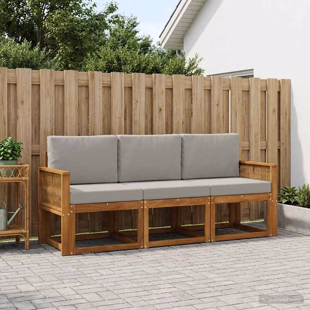 Set di divani da esterno vidaXL in legno di acacia con cuscini, 3 pezzi, Beige e Grigio