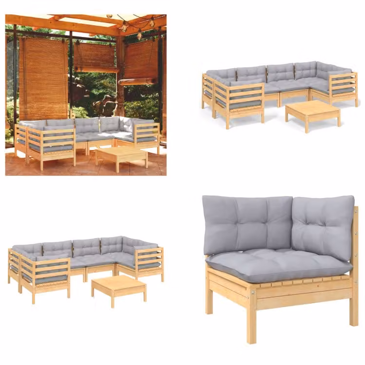 vidaXL set salotto da giardino 7 pezzi con cuscini grigi in legno di pino - Set salotto da giardino - Set salotto da giardino - Set arredo giardino - Set arredo giardino