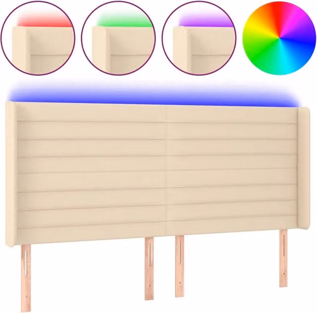 Testata del letto con illuminazione LED e porta di ricarica USB in tessuto beige, L: 183 cm, P: 16 cm, H: 118/128 cm