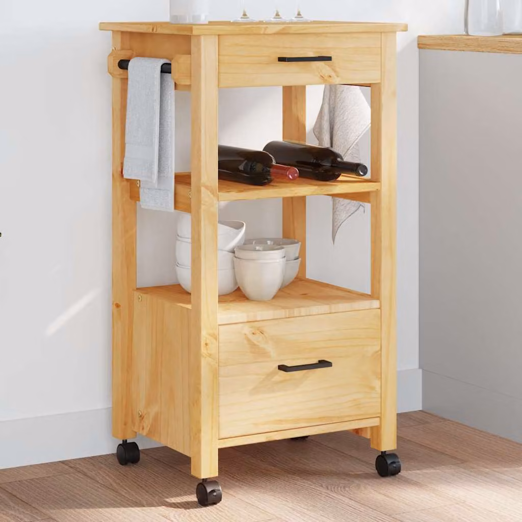 vidaXL Carrello da Cucina MONZA in Legno di Pino Marrone con Ruote L/P/H: 48 x 40 x 88,5 cm
