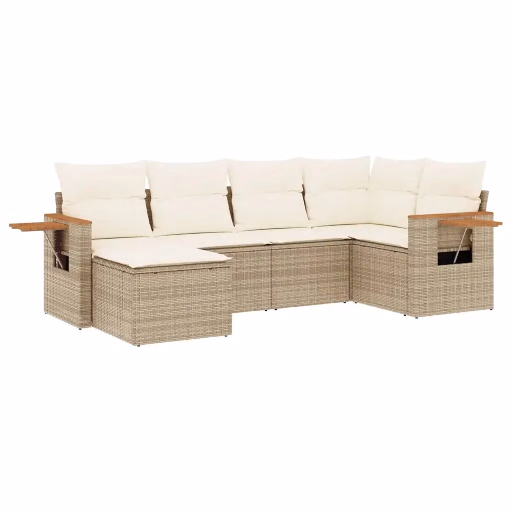 Set Divano da Giardino a L vidaXL in Polyrattan con Cuscini Beige e Struttura in Legno di Acacia, 6 Pezzi – 2