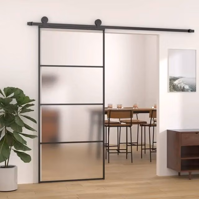 Porta Scorrevole vidaXL in Vetro Smerigliato e Alluminio, Colore Nero, L 90 cm x H 205 cm
