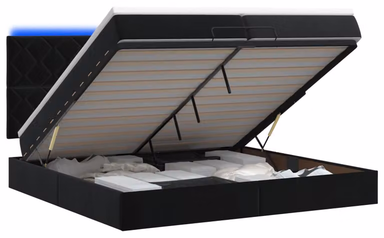 Panca contenitore in stile ottomano con materasso e luci LED, colore nero, dimensioni 200 x 200 cm, rivestita in velluto