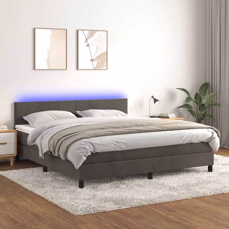 Letto Ibrido vidaXL con Materasso, Illuminazione LED Sotto il Letto e Porte USB, Rivestimento in Velluto Grigio e Bianco, L/P/H: 160 x 200 x 88 cm