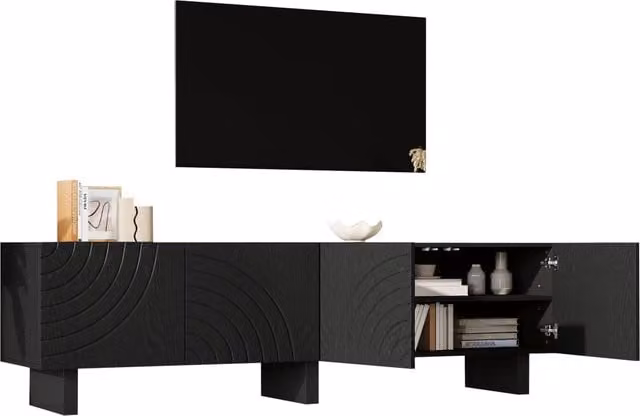 Mobile TV Chicfurn moderno in legno MDF nero per soggiorno con 4 ante, adatto per televisori fino a 75 pollici, L: 180 cm, P: 40 cm, H: 55 cm – 1