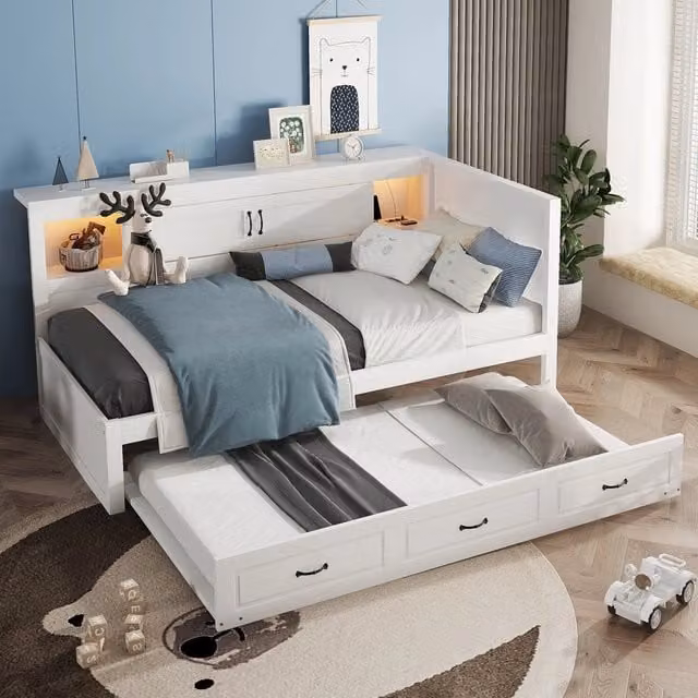 Letto divano singolo 90×200 cm con letto estraibile, LED, presa e USB, vano laterale, senza materasso, bianco