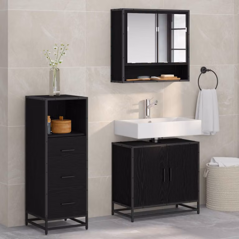 Set di mobili per il bagno moderno vidaXL 3 pezzi Nero e Rovere L/P/H: 65 x 33 x 60 cm