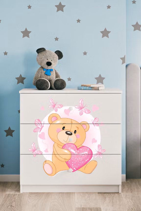 Cassettiera per bambini con cassetti orsetto farfalle nel colore bianco Babydreams