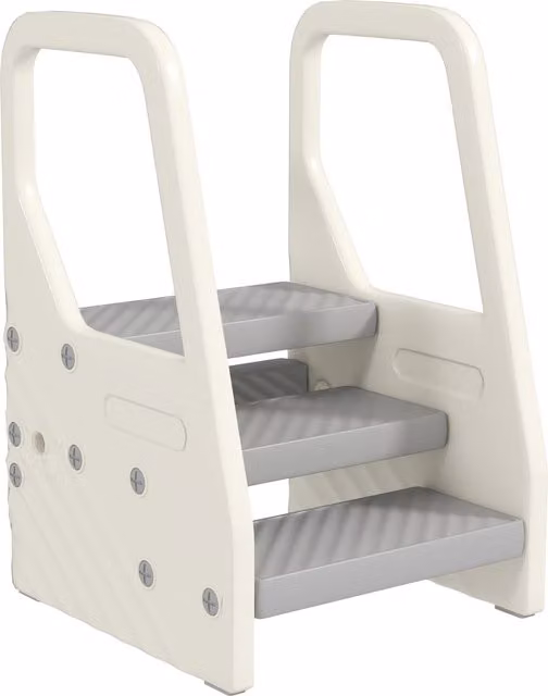 Scala Montessori AIYAPLAY per bambini 2-5 anni a 3 gradini con altezza regolabile in HDPE, L 43 cm x P 42 cm x H 65.5 cm, Grigio e Bianco Crema