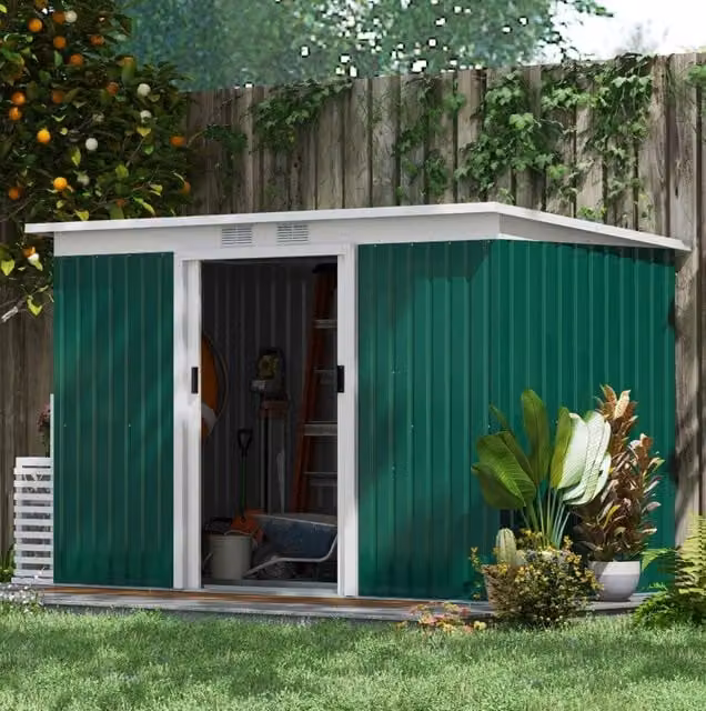 Casetta porta attrezzi da giardino in acciaio zincato; verde scuro