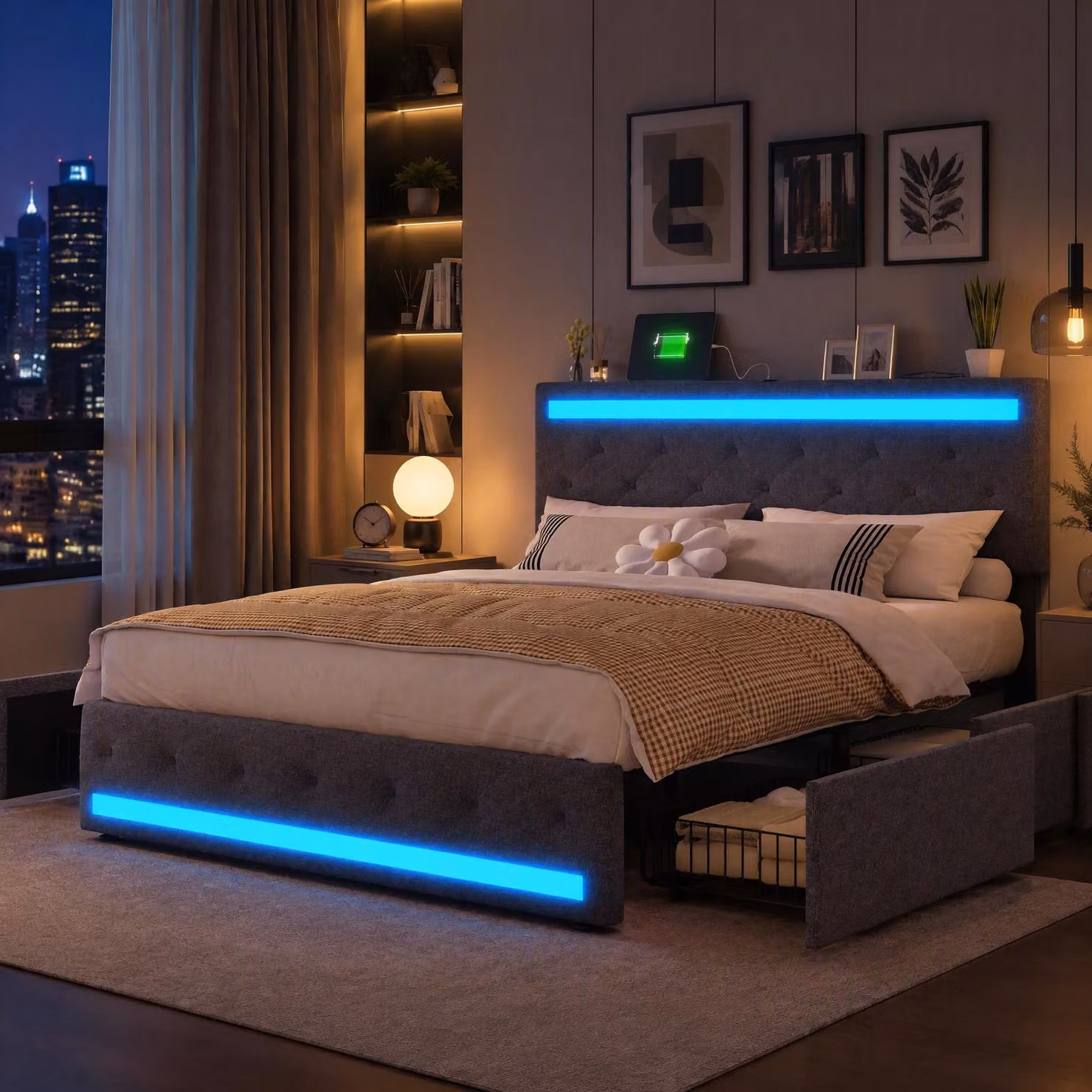 Letto imbottito 160x200 cm con caricabatterie USB, letto con spazio contenitore, struttura letto matrimoniale con rete a doghe, letto con spazio contenitore e illuminazione LED con 4 cassetti, tessuto in lino, colore grigio