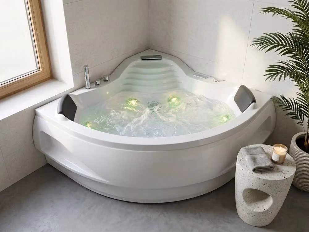 Vasca idromassaggio in acrilico sanitario BELIANI bianca con altoparlante Bluetooth e LED L: 210 cm, P: 145 cm – 2