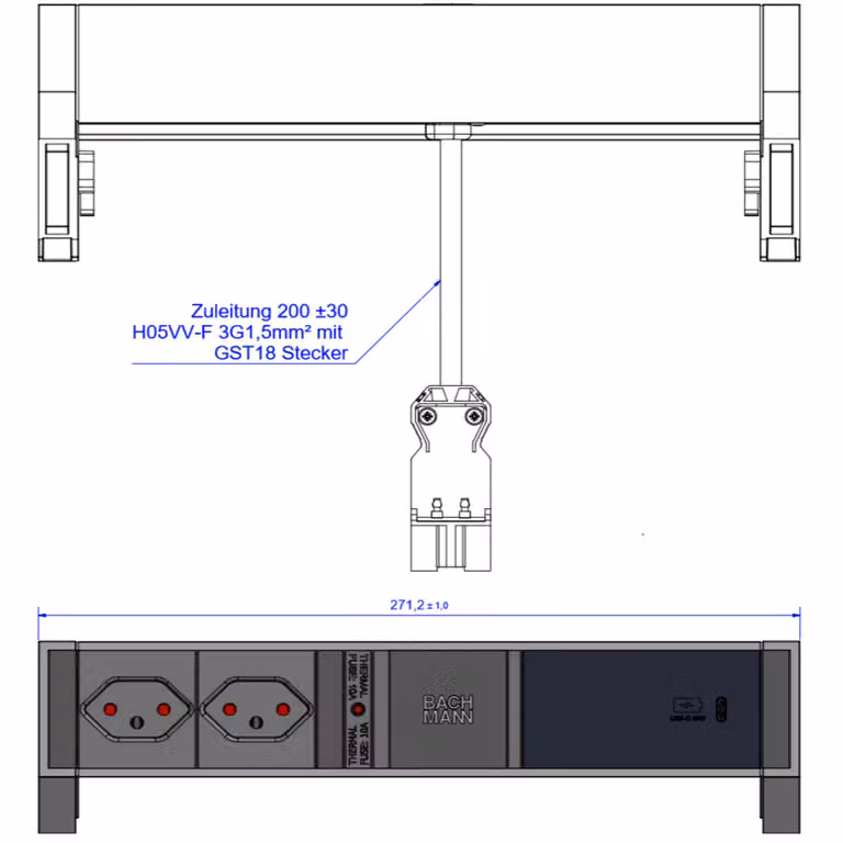 BACHMANN DESK2 2xCH 1xUSB C 60W 0,2m, GST18 RAL9005 Svizzera