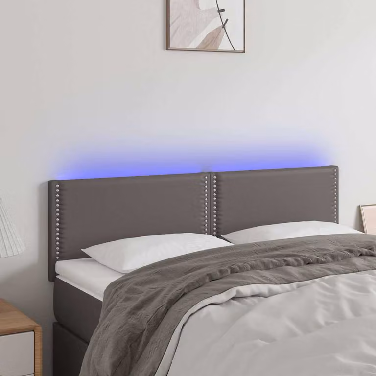 Testiera per letto vidaXL in similpelle grigia con illuminazione LED e porta di ricarica USB, L: 144 cm, P: 5 cm, H: 78-88 cm