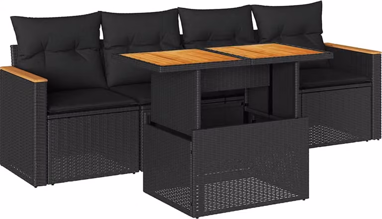 Set Divani da Giardino 5 pz con Cuscini Nero Polyrattan Acacia