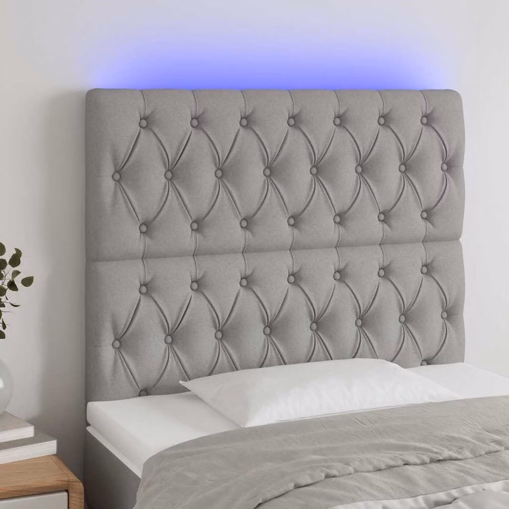 Testiera per letto vidaXL in tessuto grigio con illuminazione LED e porta USB, L: 90 cm, H: 118-128 cm, P: 7 cm