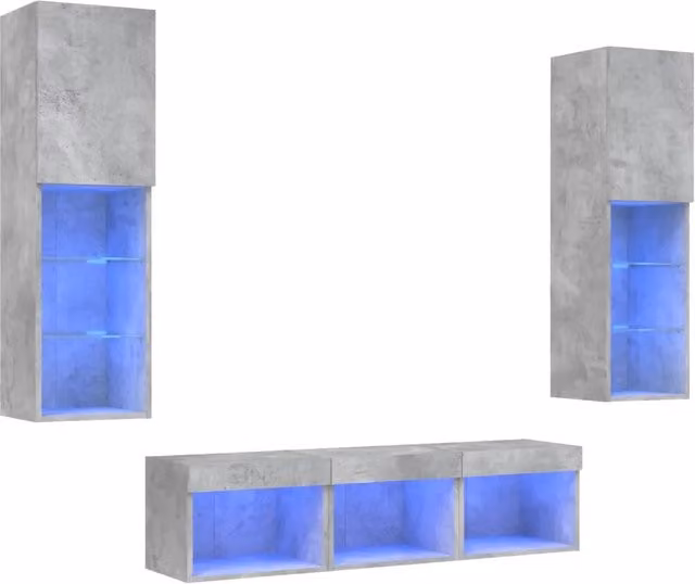 Mobili TV a Muro con LED 5pz | Armadietto TV | Mobile Porta TV Grigio Cemento Legno Multistrato