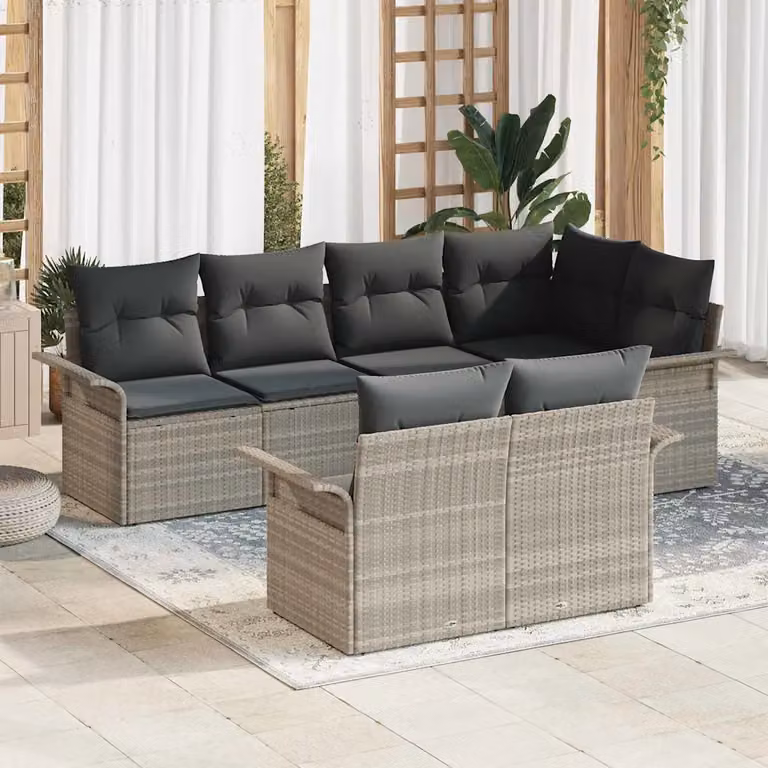 Set Divano da Giardino vidaXL 7 Pezzi a Forma di L Grigio con Tavolino e Cuscini in Polyrattan e Acciaio