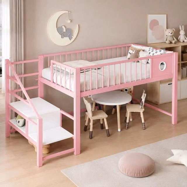 Letto a soppalco basso 90x200 cm rosa, MDF e metallo con scala contenitore