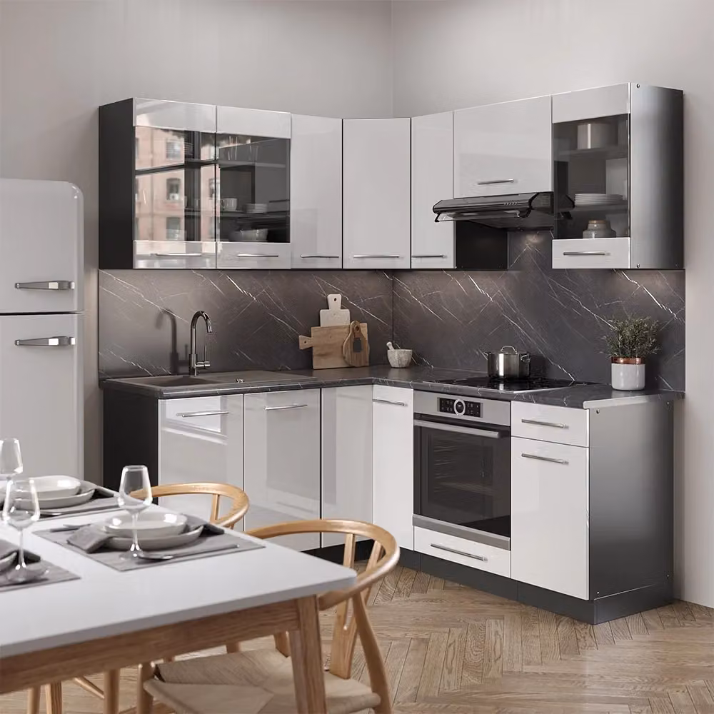 Cucina angolare moderna Vicco Bianco lucido e Antracite con ante soft close – 2