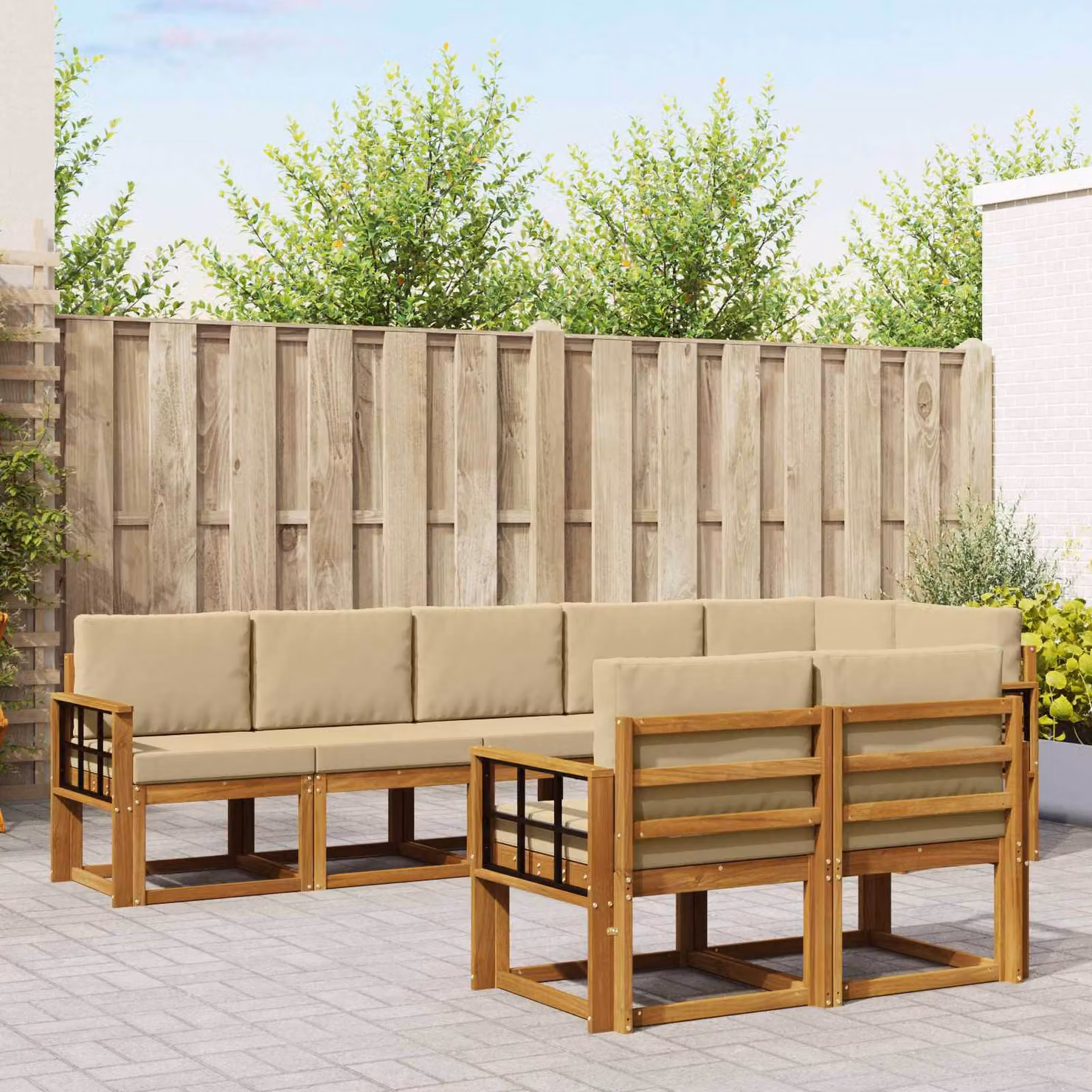 Set di divani da esterno vidaXL a forma di L in legno di acacia con cuscini, 8 pezzi, Marrone e Beige