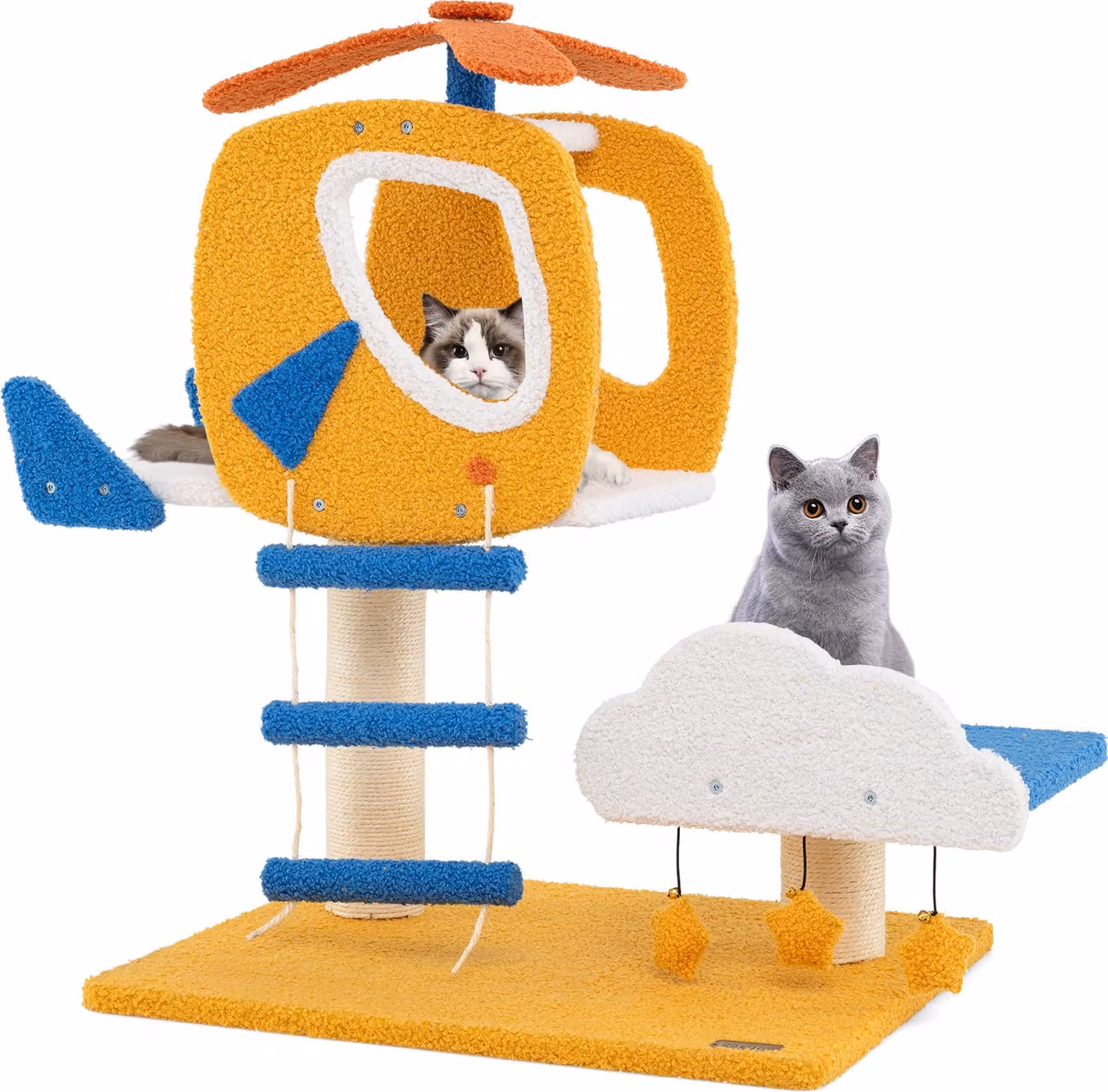 Tiragraffi COSTWAY 76cm, albero per gatti a tema elicottero, albero da arrampicata per gatti con piattaforma a nuvola, giocattoli, tiragraffi in sisal e scaletta giallo