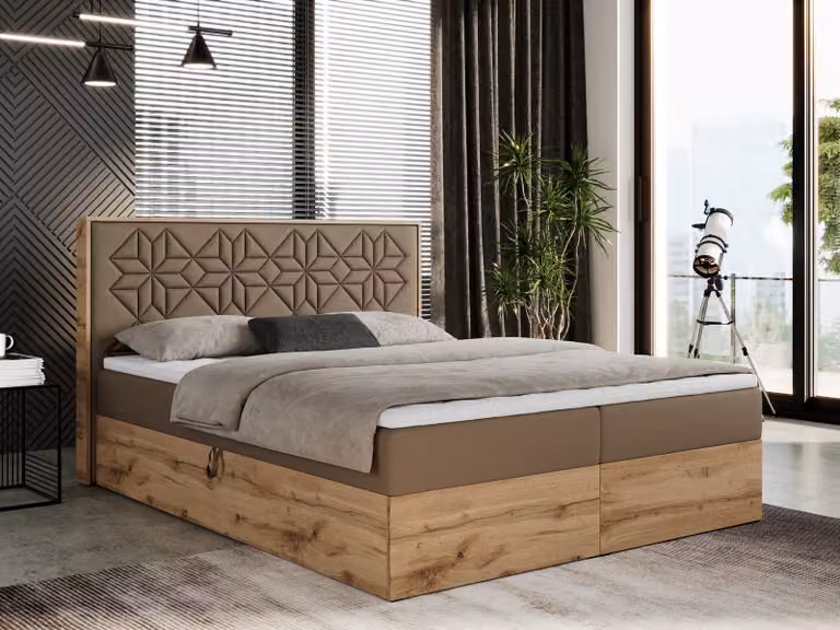 Letto boxspring 180x200 con contenitore, letto imbottito 180x200 con materasso H3, letto boxspring 180x200 con testiera, letto boxspring in legno massello - Nessi - Pelle finta marrone - H3