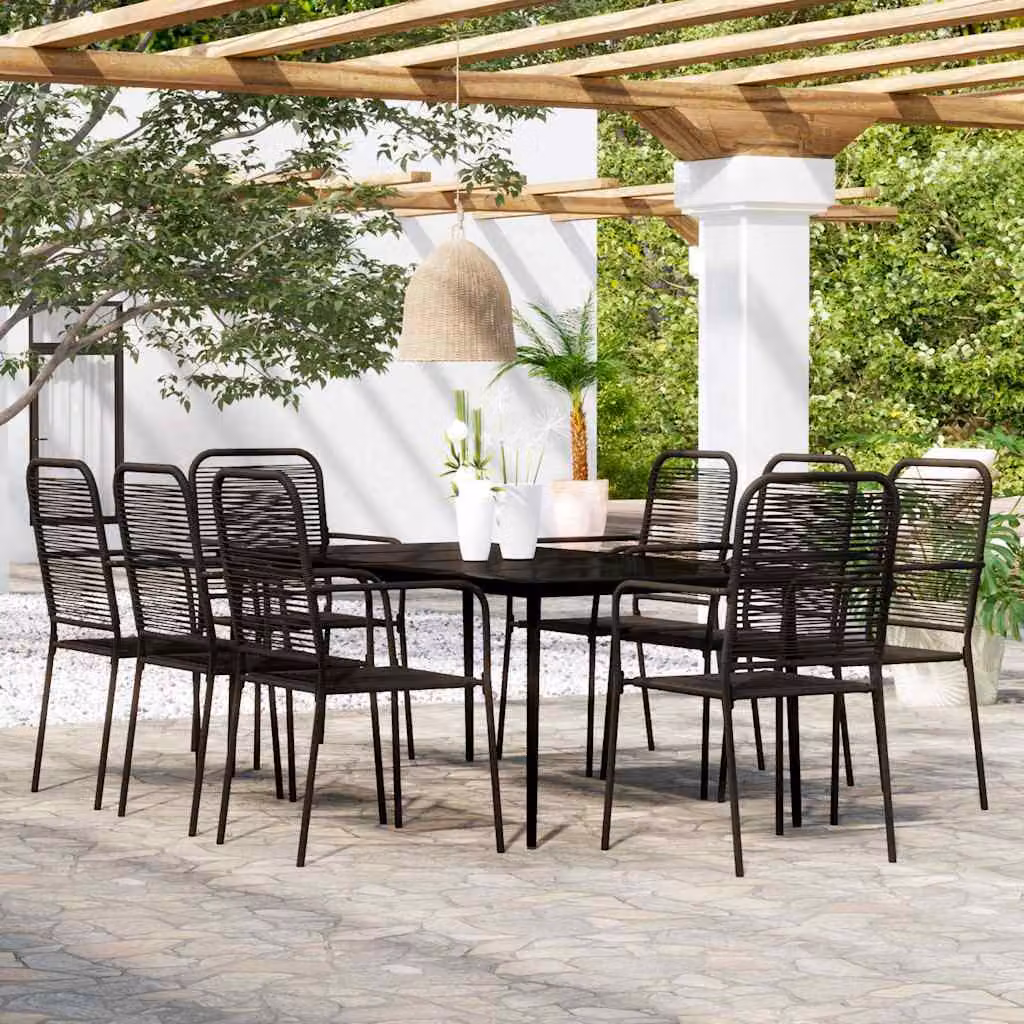Set da pranzo vidaXL per giardino e terrazza in metallo e vetro nero con 9 pezzi e cuscini