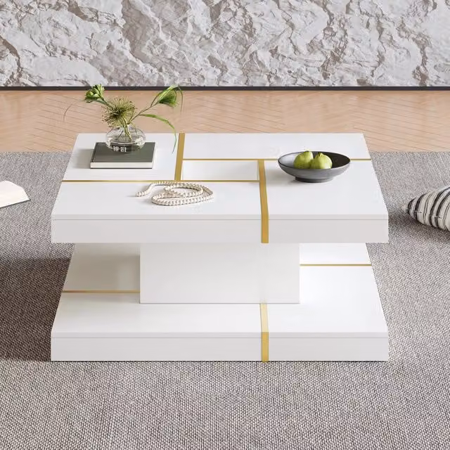 Tavolino da caffè quadrato moderno WISHDOR in MDF bianco e metallo dorato L/P/H: 60 x 80 x 38 cm